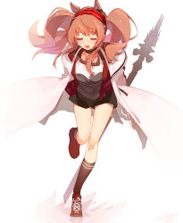  1girl :d absurdres akizawa_mas angelina_(arknights) animal_ear_fluff animal_ears arknights arms_behind_back black_collar black_shirt black_shoes black_shorts black_socks closed_eyes coat collar collarbone commentary_request dot_nose earpiece fox_ears fox_girl full_body hairband highres holding holding_staff infection_monitor_(arknights) jacket kneehighs leaning_forward leg_up long_hair multicolored_hairband open_clothes open_coat open_jacket red_hairband red_jacket shirt shoes short_shorts shorts smile sneakers socks solo staff striped_clothes striped_hairband twintails two-tone_hairband white_coat 