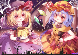  2girls adako_yunagi alternate_costume alternate_headwear bat_(animal) bat_wings black_choker black_dress black_hat blonde_hair blush bow bowtie breasts brown_cape bucket cape choker collarbone commentary_request crystal crystal_wings dress dress_bow fang flandre_scarlet ghost halloween halloween_bucket halloween_costume hat hat_ribbon highres holding holding_bucket medium_hair mob_cap multicolored_wings multiple_girls one_side_up open_mouth orange_bow orange_dress orange_hat pendant_choker purple_cape purple_dress purple_hair red_eyes remilia_scarlet ribbon siblings sisters small_breasts smile touhou twitter_username two-sided_cape two-sided_dress two-sided_fabric wings wrist_cuffs yellow_bow yellow_bowtie 