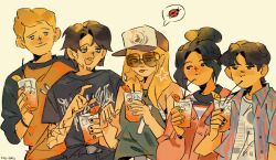  2girls 3boys baseball_cap beard_stubble black_eyes black_hair black_shirt blonde_hair blue_eyes blue_shirt bug cardigan character_request closed_mouth commentary cup drinking drinking_glass drinking_straw english_commentary facial_hair final_destination_(movie) grey_hat hair_bun hair_ornament hat highres holding holding_cup ladybug long_hair long_sleeves looking_at_another multiple_boys multiple_girls open_mouth orange_shirt pink_cardigan pointing shirt short_hair short_sleeves simple_background single_hair_bun sog_goog speech_bubble spoken_animal star_(symbol) star_hair_ornament stubble sunglasses tongue tongue_out 