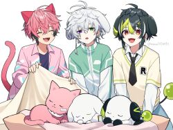  3boys ahoge akagi_wen alternate_costume animal_ears animalization black_hair black_necktie black_shirt blanket cat_boy cat_ears cat_tail collared_shirt colored_tips commentary dog_boy dog_ears dog_tail green_eyes green_hair green_jacket heterochromia holding holding_blanket inami_rai jacket looking_at_viewer male_focus messy_hair multicolored_hair multiple_boys murakumo_kagetsu nana72710193 necktie nijisanji open_clothes open_mouth open_shirt parted_lips pink_shirt red_eyes shirt short_hair simple_background smile streaked_hair tail three-tone_hair twitter_username undershirt upper_body vest violet_eyes virtual_youtuber white_background white_hair white_shirt yellow_vest 