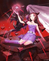  2girls arm_up artist_name belt black_background bonfire01 boots brown_hair debris denim denim_boots denim_dress dress floating floating_object from_side gradient_background highres long_hair looking_at_object magatama monster_arm multiple_girls purple_dress red_background red_light rock seiza shin_megami_tensei shin_megami_tensei_iii:_nocturne sitting sleeveless sleeveless_dress tachibana_chiaki_(megami_tensei) very_long_hair violet_eyes white_hair yellow_eyes 