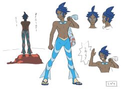  ahoge blue_eyes blue_hair blue_pants concept_art dark-skinned_male dark_skin goggles goggles_around_neck highres marlon_(pokemon) official_art pants pokemon pokemon_bw2 sandals swim_goggles topless_male translation_request white_background 