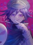  ? black_cape black_headwear cape danganronpa_(series) danganronpa_v3:_killing_harmony evil_smile flipped_hair grin hair_between_eyes hand_up hat highres holding holding_mask index_finger_raised long_sleeves male_focus mao_ye mask oma_kokichi peaked_cap pink_background pink_eyes purple_hiar smile teeth unworn_mask 