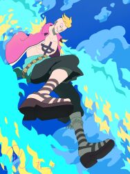  1boy abs alternate_form beard_stubble black_pants blonde_hair blue_sash blue_sky blue_wings chest_tattoo collared_shirt commentary_request facial_hair fire full_body highres male_focus marco_(one_piece) one_piece pants purple_shirt sandals sash shirt short_hair sky smile solo stubble tattoo twitter_username u_ta_p wings 