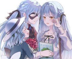  3girls aged_down ascot bang_dream! bang_dream!_it's_mygo!!!!! black_ascot black_mask black_ribbon blue_dress blue_gem blue_hair bouquet closed_eyes commentary_request crying crying_with_eyes_open dress earrings english_commentary gem hair_ribbon hat holding holding_bouquet holding_notebook jewelry long_hair long_sleeves mask masquerade_mask medium_hair mixed-language_commentary multiple_girls multiple_persona notebook oblivionis_(bang_dream!) open_mouth red_shirt rhapsode ribbon shirt sidelocks simple_background tears togawa_sakiko white_background white_hat white_shirt wiping_tears yellow_eyes 