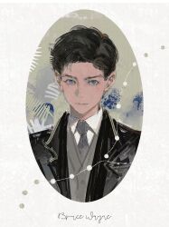  1boy aged_down batman_(series) black_hair black_jacket black_necktie blue_eyes border bruce_wayne character_name closed_mouth collared_shirt cursive dc_comics dress_shirt english_text expressionless grey_vest highres holdwatermaster jacket lapels looking_at_viewer male_focus necktie notched_lapels open_clothes open_jacket outside_border parted_hair portrait shirt short_hair side_part solo straight-on vest waistcoat white_border white_shirt wing_collar 