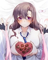  2girls bed_sheet black_gloves black_hair blue_archive blue_necktie box candy chocolate closed_mouth collared_shirt commentary female_pov female_sensei_(blue_archive) fingerless_gloves food gloves heart heart-shaped_box heart-shaped_chocolate heart-shaped_food holding holding_box hoshino_(blue_archive) long_hair long_sleeves looking_at_viewer lying multiple_girls necktie on_back pov rarasa_(rarasa) sensei_(blue_archive) shirt spoken_heart untranslatable_commentary violet_eyes white_shirt 