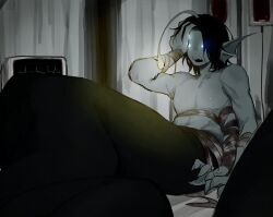  1boy ang1079577 anglerfish_boy bandaged_arm bandaged_torso bandages black_hair blood blood_bag blood_drip blood_on_bandages blue_eyes blue_skin cardiogram claws colored_skin curtains extra_arms extra_eyes fang fins glowing glowing_eyes hand_on_own_head hashtag-only_commentary head_fins highres illicium indoors intravenous_drip male_focus merman monster_boy pressure_(roblox) sebastian_solace short_hair sitting skin_fang 