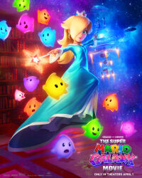  1girl 6+others blonde_hair blue_dress blue_eyes breasts closed_mouth commentary crown dress earrings english_commentary floating galaxy hair_over_one_eye highres jewelry levitation long_hair looking_at_viewer luma_(mario) multiple_others official_art rosalina smile solo star_(sky) star_(symbol) star_earrings super_mario_bros. super_mario_galaxy the_super_mario_galaxy_movie 