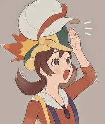  1girl blush bow brown_eyes brown_hair closed_eyes collarbone commentary_request cyndaquil grey_background hat hat_bow highres hime_(himetya105) long_hair lyra_(pokemon) newsboy_cap on_head open_mouth overalls pokemon pokemon_(creature) pokemon_hgss pokemon_on_head red_shirt shirt simple_background smile twintails upper_body white_hat 