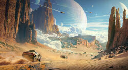  blue_sky car clouds commentary day desert english_commentary full_moon highres landscape moon motor_vehicle mountain original outdoors planet racing raphael-lacoste sand scenery science_fiction signature sky spacecraft star_(sky) sunlight 