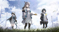  3girls absurdres animal_ears arknights arknights:_endfield bare_shoulders bird_ears bird_girl black_boots black_hair black_jacket black_pantyhose black_shorts blonde_hair blue_eyes blue_jacket blue_shirt boots chen_qianyu_(arknights) chinese_commentary commentary_request dragon_girl dragon_horns dragon_tail dress endministrator_(arknights) female_endministrator_(arknights) gloves hand_in_pocket highres horns jacket kino_(user_scft3885) knee_boots long_hair looking_at_viewer multiple_girls open_clothes open_jacket pantyhose perlica_(arknights) shirt short_hair short_shorts shorts skirt sleeveless sleeveless_dress sweater tail twintails white_dress white_jacket white_skirt white_sweater yellow_gloves 
