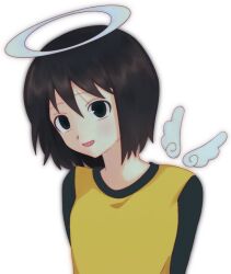  1girl black_eyes black_hair black_shirt blush franz_c halo hashtag-only_commentary long_sleeves looking_at_viewer medium_hair multicolored_shirt nakahara_misaki nhk_ni_youkoso! open_mouth raglan_sleeves shirt simple_background smile solo t-shirt traditional_halo two-tone_shirt upper_body white_background white_halo white_wings wings yellow_shirt 