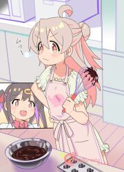  2girls :d absurdres ahoge apron artist_name bare_shoulders black_hair blush bowl brown_eyes chocolate_making chocolate_mold commentary copyright_name earrings frills hair_between_eyes hair_bun hair_ornament hairclip half_up_bun hand_on_own_hip highres holding holding_whisk indoors jewelry kitchen long_hair male-female_symbol multicolored_hair multiple_girls onii-chan_wa_oshimai! open_mouth oyama_mahiro oyama_mihari pink_apron pink_hair puff_of_air purple_hair robomito short_sleeves siblings sisters smile smug solo_focus stud_earrings sweatdrop twintails two-tone_hair v-shaped_eyebrows whisk 