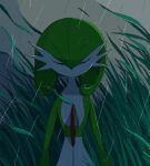  1other closed_eyes commentary facing_viewer falling_leaves flipped_hair gardevoir grass green_hair leaf outdoors pokemon pokemon_(creature) rain solo wet yooguru_(pixiv40318755) 