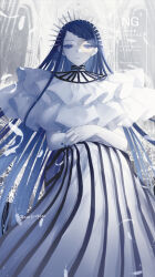  1girl ado_(utaite) blue_eyes blue_hair blue_nails braid braided_bangs commentary gira-gira-chan_(ado) gira_gira highres long_hair looking_at_viewer nail_polish parted_lips shirt shouzai_(ooo1007ooo) sidelocks skirt solo striped_clothes striped_skirt white_shirt white_skirt 