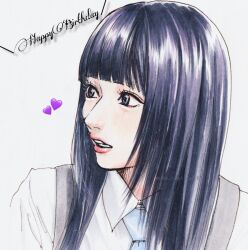  1girl black_hair blue_necktie blunt_bangs collared_shirt emoji grey_eyes grey_vest happy_birthday heart highres k-pop looking_to_the_side necktie open_mouth pink_lips portrait real_life realistic sana_(twice) shirt solo surprised twice_(group) twitter_username ume_chatsumi vest white_background white_shirt 