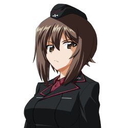  1girl black_hat black_jacket breasts brown_eyes brown_hair commentary_request cross from_below garrison_cap girls_und_panzer hat highres iron_cross jacket kuromorimine_military_uniform large_breasts looking_at_viewer military military_hat military_jacket military_uniform nishizumi_maho red_shirt rhun serious shirt short_hair solo transparent_background upper_body 
