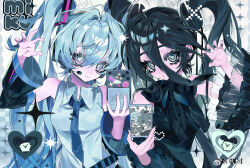  2girls absurdres black_bow black_bowtie black_hair black_nails black_shirt black_sleeves blue_hair bow bowtie cellphone character_name chinese_commentary claw_pose collared_shirt commentary derivative_work detached_sleeves grey_shirt hair_between_eyes hatsune_miku heart highres holding holding_phone multiple_girls necktie phone shirt sleeveless sleeveless_shirt smartphone taowu_(20809) twintails vocaloid watermark weibo_watermark 