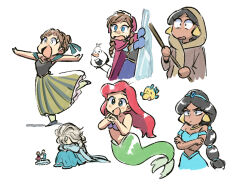  2others 4girls ahoge aladdin_(movie) anna_(frozen) arabian_clothes bandeau bare_shoulders bikini blonde_hair blue_dress blue_mittens blush braid brown_hair carrot circlet company_connection crown_braid crying dark-skinned_female dark_skin deformed disney disney_princess dress earrings elsa_(frozen) figure fish flounder_(the_little_mermaid) frozen_(disney) green_dress green_tail harem_pants head_between_thighs holding holding_stick hood hood_up jasmine_(disney) jewelry long_hair mermaid mittens monster_girl multi-tied_hair multiple_girls multiple_others necklace off-shoulder_bandeau off_shoulder olaf_(frozen) open_mouth outstretched_arms pants princess red_hair shell shell_bikini short_hair simple_background smile snowman standing standing_on_one_leg stick sweatdrop swimsuit teeth the_little_mermaid_(disney) tsubobot twin_braids upper_teeth_only white_background wide-eyed 