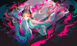  1girl aoqun arknights black_background black_skirt blonde_hair chinese_clothes chinese_commentary commentary_request facial_mark fenzisheng1 fire forehead_mark hanfu highres horns huadian long_hair long_sleeves mandarin_collar official_alternate_costume philae_(an_opera_of_flowers)_(arknights) philae_(arknights) pink_fire red_eyes simple_background skirt sleeves_past_fingers sleeves_past_wrists smoke solo very_long_hair 