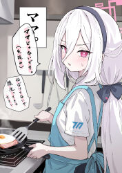  1girl apron black_bow black_hairband blue_archive blush bow commentary_request cooking egg_(food) food fried_egg frying_pan hair_between_eyes hair_bow hairband halo highres holding holding_frying_pan holding_spatula indoors kei_(blue_archive) kei_(new_body)_(blue_archive) kitchen ladle long_hair long_hair_between_eyes looking_at_viewer open_mouth pink_halo rectangular_halo red_eyes ringed_eyes shirt short_sleeves solo spatula stove tongs translation_request very_long_hair white_hair white_shirt yucblossom 