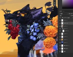  animal_focus bakuinu blue_flower flower flower_focus flower_request leaf looking_at_viewer no_humans orange_eyes orange_flower orange_sky original plant plant_focus red_flower red_rose rose sky user_interface wolf 