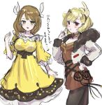  2girls blonde_hair breasts brown_hair citrinne_(fire_emblem) coat dress earrings feather_hair_ornament feathers fire_emblem fire_emblem_engage fur_trim goldmary_(fire_emblem) hair_ornament highres jewelry large_breasts leon0630claude multiple_girls red_eyes yellow_dress yellow_eyes 