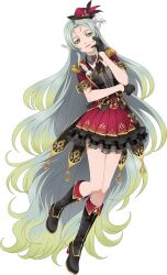  1girl artist_request black_boots black_dress black_gloves blonde_hair blue_hair boots breasts dress full_body game_cg gloves gold_trim green_eyes green_hair hat highres idol idol_clothes long_hair looking_at_viewer mini_hat multicolored_dress multicolored_hair muzet_(tales) official_alternate_costume official_art open_mouth pointy_ears red_dress red_hat smile solo tales_of_(series) tales_of_asteria tales_of_xillia third-party_source transparent_background two-tone_hair yellow_eyes 