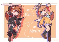  >_o 2girls ahoge aqua_bow aqua_bowtie arm_up asymmetrical_legwear bandaid bandaid_on_knee bandaid_on_leg black_cardigan black_leg_warmers black_skirt black_socks black_thighhighs blue_eyes blue_sailor_collar blue_sky bow bowtie brown_hair brown_shoes cardigan collared_shirt commentary commission cookie deformed detached_ahoge dress_shirt eenightlamp english_commentary evil_neuro-sama feathered_wings food food_in_mouth from_side full_body hair_between_eyes hair_ornament hair_ribbon halo heart heart_hair_ornament highres holding holding_cookie holding_food holding_lead_pipe horns lead_pipe leg_warmers loafers long_hair long_sleeves miniskirt multiple_girls neuro-sama one_eye_closed open_mouth pleated_skirt red_bow red_bowtie red_eyes red_horns red_ribbon ribbon sailor_collar shirt shoes siblings sisters skirt skull_hair_ornament sky socks thigh-highs torn_hair_ribbon traditional_halo twins two_side_up uneven_legwear vedal_ai white_shirt white_wings wings yellow_cardigan yellow_halo 