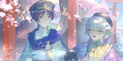  1boy 1girl alternate_costume art_trade artist_name ash_mirai beret black_gloves black_hair black_hat blue_kimono blue_rope blue_scarf blue_sky blue_sleeves blunt_ends blurry blurry_background blush bow braid braided_bangs cherry_blossoms clear_sky closed_eyes closed_mouth coat couple depth_of_field dotera_(clothes) dress_shirt earrings eyelashes eyeliner facing_another falling_petals feathers flower frilled_coat frills genshin_impact gloves hair_between_eyes hair_bow hair_bun hair_flower hair_intakes hair_ornament happy hat hetero highres holding_hands japanese_clothes jewelry kimono long_sleeves looking_at_another makeup mandarin_collar multiple_torii oc_x_canon open_clothes open_coat open_mouth original outdoors parted_bangs peaked_cap petals pink_bow pom_pom_(clothes) purple_coat red_eyeliner rope scaramouche_(genshin_impact) scarf shirt short_hair shosei single_hair_bun sky smile teeth tongue torii tsurime twitter_username undershirt violet_eyes white_shirt white_trim wispy_bangs yellow_feathers yellow_flower yellow_kimono 