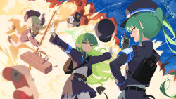  3girls absurdres aoba_(blue_archive) black_hat black_jacket black_shoes black_skirt blonde_hair blue_archive blush closed_eyes commentary_request dan_nako demon_girl demon_tail explosion green_hair green_halo halo hat highres hikari_(blue_archive) jacket long_hair multiple_girls nozomi_(blue_archive) open_mouth outstretched_arms pantyhose peaked_cap pleated_skirt pointy_ears shirt shoes skirt spread_arms tail twintails white_pantyhose white_shirt yellow_eyes yellow_halo 