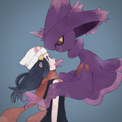  1girl 1other beanie black_hair blue_background colored_sclera commentary_request eye_contact floating hat highres hikari_(pokemon) hime_(himetya105) long_hair looking_at_another mismagius open_mouth pokemon pokemon_(creature) pokemon_dppt purple_hat red_eyes simple_background sweat white_hat witch_hat yellow_sclera 