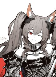  1girl angelina_(arknights) animal_ear_fluff animal_ears bare_shoulders black_dress breasts brown_hair coat commentary dimazu dot_nose dress english_commentary fox_ears fox_girl gilberta_(arknights) grin high_collar impossible_clothes impossible_dress limited_palette long_hair looking_at_viewer medium_breasts one_eye_closed red_coat red_eyes simple_background smile solo twintails upper_body white_background 