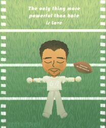 american_football_(object) american_football_uniform bad_bunny ball beard blush brown_hair cosmicpixell english_text eyebrow_cut facial_hair gloves highres mii_(nintendo) mustache pants real_life shirt shoes smile soul_patch sportswear tomodachi_life tomodachi_life:_living_the_dream twitter_username white_gloves white_pants white_shirt white_shoes 