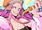  1girl anti-eyebrow_piercing artist_name bare_shoulders commentary english_commentary food hat highres holding holding_food holding_pizza jewelry_bonney lipstick long_hair makeup mygiorni one_piece orange_headwear piercing pink_hair pizza smile solo teeth violet_eyes 