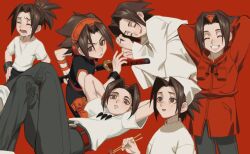  1boy arms_behind_head asakura_yoh brown_eyes brown_hair cbow chopsticks closed_eyes closed_mouth commentary_request curtained_hair drawing_sword drawstring grin headphones highres holding holding_chopsticks holding_sword holding_weapon holding_with_chopsticks hood hooded_jacket jacket jewelry male_focus multiple_views necklace open_mouth red_background red_jacket shaman_king shirt short_hair simple_background sleeping smile sword weapon white_shirt 