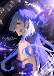  1girl absurdres artist_name back backless_dress backless_outfit bare_back bare_shoulders blue_hair closed_mouth dated detached_sleeves dress earrings from_side glint gloves hair_bun halo head_wings highres honkai:_star_rail honkai_(series) jewelry long_hair looking_at_viewer musical_note musical_staff profile purple_dress purple_hair robin_(honkai:_star_rail) shatang405 single_hair_bun sky smile solo star_(sky) starry_sky strapless strapless_dress upper_body very_long_hair violet_eyes wings 