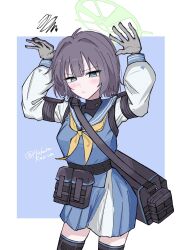  1girl :/ bag belt_pouch black_gloves blue_archive blue_eyes blue_sailor_collar blue_shirt blue_skirt blush breasts closed_mouth commentary_request gloves green_halo halo highres hukuro_kasiwa long_sleeves medium_breasts miniskirt neckerchief no_headwear pleated_skirt pouch purple_hair rabbit_pose sailor_collar saki_(blue_archive) school_uniform serafuku shirt short_hair skirt solo undershirt white_shirt yellow_neckerchief 