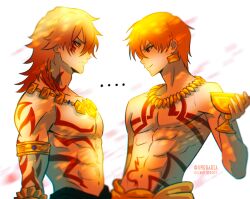  2boys abs armlet blonde_hair blurry braid chalice chest_tattoo commentary crossover cup earrings english_commentary fate/stay_night fate_(series) gilgamesh_(fate) highres holding holding_cup holy_grail_(fate) honkai:_star_rail honkai_(series) jewelry look-alike male_focus medium_hair multiple_boys mydei_(honkai:_star_rail) navel necklace pectorals red_eyes smile stomach_tattoo tattoo toned toned_male topless_male tumblr_username umbra_(edits_umbra) watermark yellow_eyes 