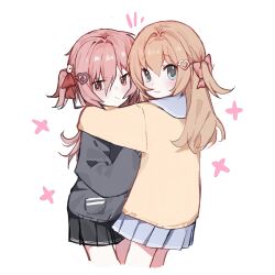  2girls black_cardigan black_skirt blue_eyes blue_sailor_collar blue_skirt broken_heart broken_heart_hair_ornament brown_hair cardigan closed_mouth cowboy_shot evil_neuro-sama hair_between_eyes hair_ornament hair_ribbon hashtag-only_commentary heart heart_hair_ornament highres long_hair looking_at_viewer miniskirt multiple_girls neuro-sama pleated_skirt red_eyes red_ribbon ribbon sailor_collar siblings skirt twins two_side_up vedal_ai virtual_youtuber yebiyo1206 yellow_cardigan 