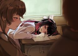  1other 2girls black_hair brown_hair cherumimi classroom closed_mouth columbina_(genshin_impact) commentary contemporary desk english_commentary genshin_impact heart highres holding holding_pencil indoors looking_at_another multiple_girls notebook pencil pink_streaks sandrone_(genshin_impact) school_desk shirt unusually_open_eyes violet_eyes white_shirt yuri 