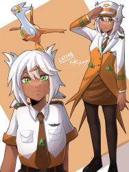  1girl :3 absurdres alternate_color black_pantyhose black_shoes brown_necktie brown_skirt coat collared_shirt dark-skinned_female dark_skin folded_ponytail green_eyes hair_between_eyes hair_ornament hairclip hand_up hat highres humanization latias necktie orange_background orange_coat orange_hat orange_shirt original pantyhose pencil_skirt pokemon salute shiny_pokemon shirt shoes short_sleeves sidelocks simple_background skirt swept_bangs theartistmouse travel_attendant unkempt white_background white_coat white_hair white_hat white_shirt 