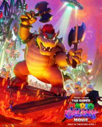  1boy bowser bracelet commentary company_name copyright_name dual_wielding english_commentary fewer_digits fire full_body highres holding holding_weapon horns jewelry koopa_paratroopa koopa_troopa lava movie_poster_(medium) multiple_others multiple_weapons no_humans official_art open_mouth red_hair sharp_teeth spiked_bracelet spiked_shell spikes super_mario_bros. teeth the_super_mario_galaxy_movie turtle_shell ufo weapon 