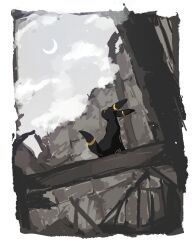  absurdres border clouds commentary_request crescent_moon highres looking_up moon no_humans oinyanyari pokemon pokemon_(creature) pokemon_focus rubble sitting sky umbreon white_border 