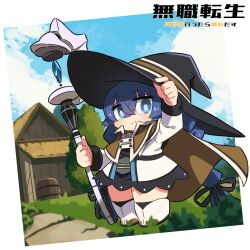  1girl barrel black_hat blue_eyes blue_hair blue_sky boots braid building chibi chibi_only clouds commentary_request crossed_bangs day grass hair_ribbon hat highres holding logo long_hair long_sleeves mushoku_tensei outdoors ribbon roxy_migurdia sky smile solo taru_haru twin_braids very_long_hair white_boots witch_hat 