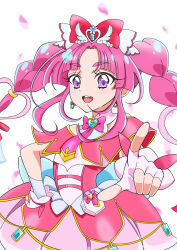  1girl :d absurdres back_bow bare_shoulders blue_bow blunt_bangs blurry blurry_background blush bow bowtie braid brooch capelet commentary cure_mystique dress earrings falling_petals fingerless_gloves fingernails glove_bow gloves gold_trim hair_bow hair_ornament hand_on_own_hip heart heart_brooch heart_hair_ornament heart_in_eye highres impossible_hair index_finger_raised jewelry kobayashi_mikuru layered_dress long_hair looking_at_viewer magical_girl medium_dress meitantei_precure! morishita_(moricuremori) off-shoulder_dress off_shoulder open_mouth outstretched_arm pact_holder parted_bangs petals pink_bow pink_bowtie pink_capelet pink_dress pink_gloves pink_hair pleated_dress pointing pointing_at_viewer pouch precure red_bow sidelocks simple_background sleeveless sleeveless_dress smile solo standing symbol_in_eye teeth thick_eyebrows twin_braids upper_body upper_teeth_only very_long_hair violet_eyes white_background wing_hair_ornament 