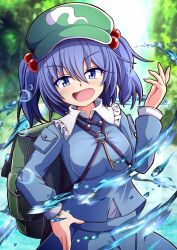  1girl aospanking backpack bag blue_hair blue_shirt blue_skirt blurry blurry_background blush bubble flat_cap green_hat hair_between_eyes hair_bobbles hair_ornament hat highres kawashiro_nitori key long_sleeves looking_at_viewer nitori_day open_mouth outdoors shirt short_hair skirt solo touhou two_side_up water 