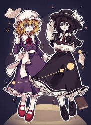  2girls black_background black_capelet black_hat black_skirt blonde_hair book bow bowtie brown_eyes brown_hair brown_shoes capelet collared_shirt cross-laced_shoes frilled_skirt frills full_body hand_on_own_hat hat hat_bow high-waist_skirt highres long_sleeves maribel_hearn mary_janes medium_hair mob_cap multiple_girls open_mouth pages planet purple_shirt purple_skirt red_ribbon red_shoes ribbon shirt shoes skirt smile socks soda_(sodaa_811) star_(symbol) touhou usami_renko violet_eyes waist_ribbon white_bow white_bowtie white_hat white_shirt white_socks 