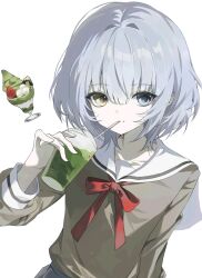  1girl bang_dream! bang_dream!_it's_mygo!!!!! blue_eyes brown_shirt closed_mouth cup disposable_cup drinking drinking_straw drinking_straw_in_mouth gegadi green_tea grey_hair hanasakigawa_school_uniform hand_up hashtag-only_commentary heterochromia highres kaname_raana long_sleeves looking_at_viewer matcha_parfait neck_ribbon red_ribbon ribbon sailor_collar school_uniform shirt short_hair simple_background solo tea upper_body white_background yellow_eyes 